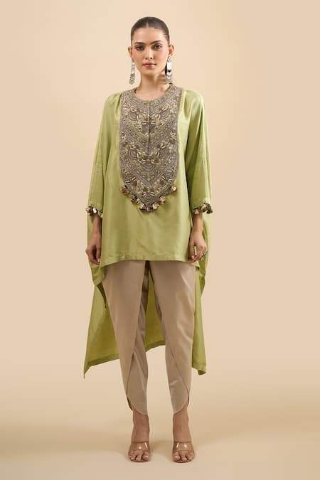 Buy Prisho Green Embroidery, Pom-poms Round Neck Resham Kaftan With Pant Online at Aza Fashions Buy_Prisho_Green Embroidery, Pom-poms Round Neck Resham Kaftan With Pant _Online_at_Aza_Fashions