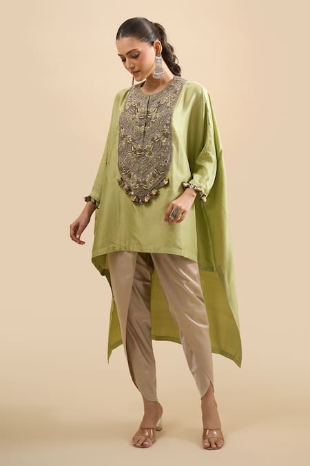 Shop Prisho Green Embroidery, Pom-poms Round Neck Resham Kaftan With Pant Online at Aza Fashions Shop_Prisho_Green Embroidery, Pom-poms Round Neck Resham Kaftan With Pant _Online_at_Aza_Fashions