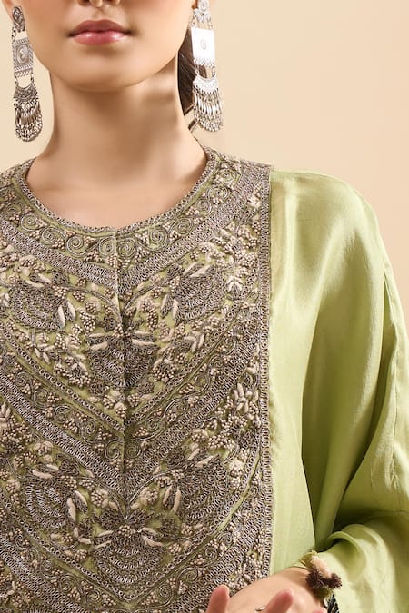Prisho Green Embroidery, Pom-poms Round Neck Resham Kaftan With Pant at Aza Fashions Prisho_Green Embroidery, Pom-poms Round Neck Resham Kaftan With Pant _at_Aza_Fashions