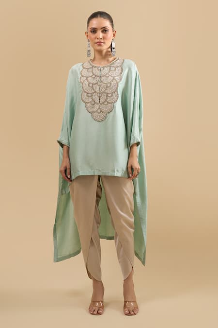 Buy Prisho Blue Beads Round Neck Moti Embroidered Kaftan And Pant Set Online at Aza Fashions Buy_Prisho_Blue Beads Round Neck Moti Embroidered Kaftan And Pant Set _Online_at_Aza_Fashions
