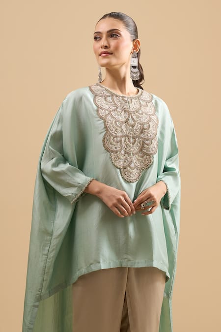 Shop Prisho Blue Beads Round Neck Moti Embroidered Kaftan And Pant Set Online at Aza Fashions Shop_Prisho_Blue Beads Round Neck Moti Embroidered Kaftan And Pant Set _Online_at_Aza_Fashions