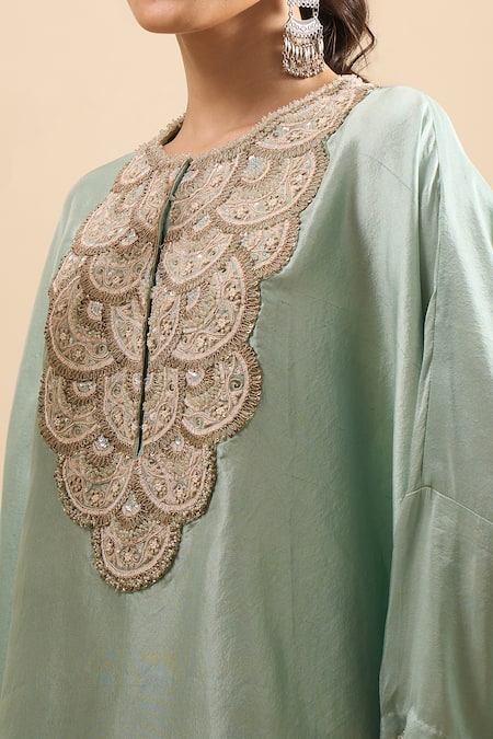 Prisho Blue Beads Round Neck Moti Embroidered Kaftan And Pant Set at Aza Fashions Prisho_Blue Beads Round Neck Moti Embroidered Kaftan And Pant Set _at_Aza_Fashions