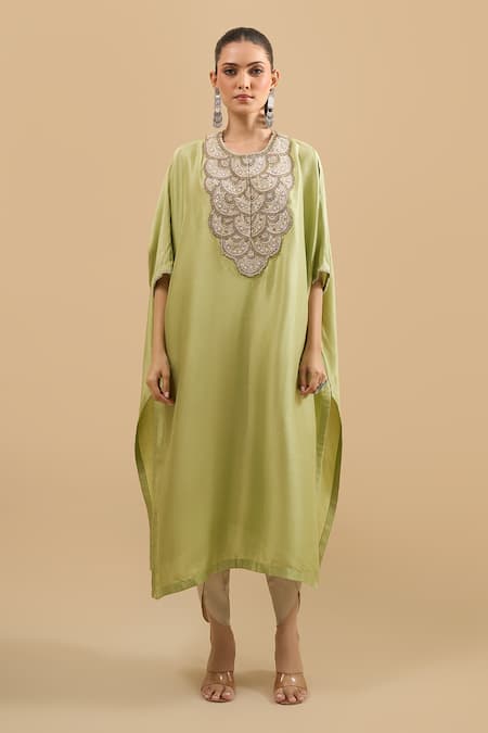 Shop Prisho Green Embroidery, Beads, Metallic Thread Round Moti Resham Kaftan With Pant Online at Aza Fashions Shop_Prisho_Green Embroidery, Beads, Metallic Thread Round Moti Resham Kaftan With Pant _Online_at_Aza_Fashions