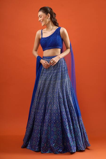 Shop Seema Gujral Blue Net Embroidery, Metallic Thread, Sequins Lehenga With Blouse Online at Aza Fashions Shop_Seema Gujral_Blue Net Embroidery, Metallic Thread, Sequins Lehenga With Blouse _Online_at_Aza_Fashions