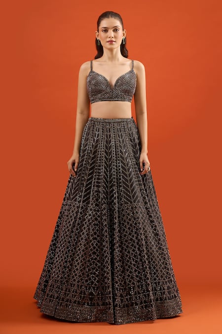 Seema Gujral_Black Silk Sequins, Embroidery, Beads Sweetheart Neck Raw Lehenga Set _Online_at_Aza_Fashions