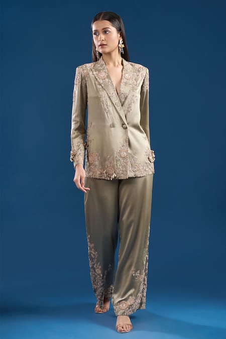 Anamika Khanna Green Embroidery, Beads, Pearls, Sequins Blazer With Pant Online at Aza Fashions Anamika Khanna_Green Embroidery, Beads, Pearls, Sequins Blazer With Pant _Online_at_Aza_Fashions