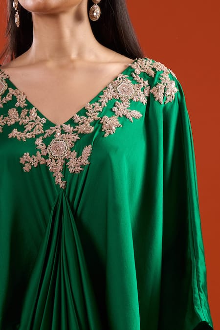 Anamika Khanna Emerald Green Embroidery V-neck Yoke Draped Cape Dress Online at Aza Fashions Anamika Khanna_Emerald Green Embroidery V-neck Yoke Draped Cape Dress _Online_at_Aza_Fashions