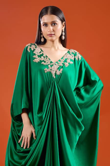 Buy Anamika Khanna Emerald Green Embroidery V-neck Yoke Draped Cape Dress Online at Aza Fashions Buy_Anamika Khanna_Emerald Green Embroidery V-neck Yoke Draped Cape Dress _Online_at_Aza_Fashions
