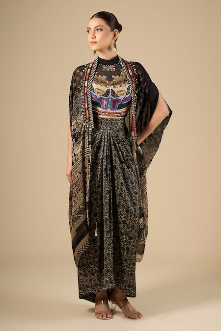 Aseem Kapoor Surmai Mogra Printed Cape & Draped Skirt Set