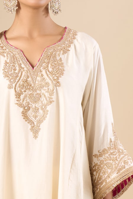 Shop_Sheetal Batra_White Embroidery, Piping V-neck Placement Kurta And Pant Set _Online_at_Aza_Fashions