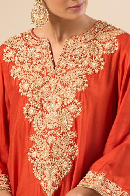 Buy_Sheetal Batra_Orange Embroidery, Zari Split V-neck Yoke Kurta With Pant _Online_at_Aza_Fashions