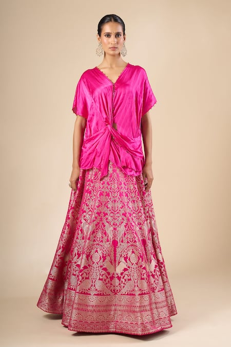 Rajdeep Ranawat_Fuchsia Silk, Brocade Diksha Leela Banarasi Lehenga Set With Knotted Top _Online_at_Aza_Fashions