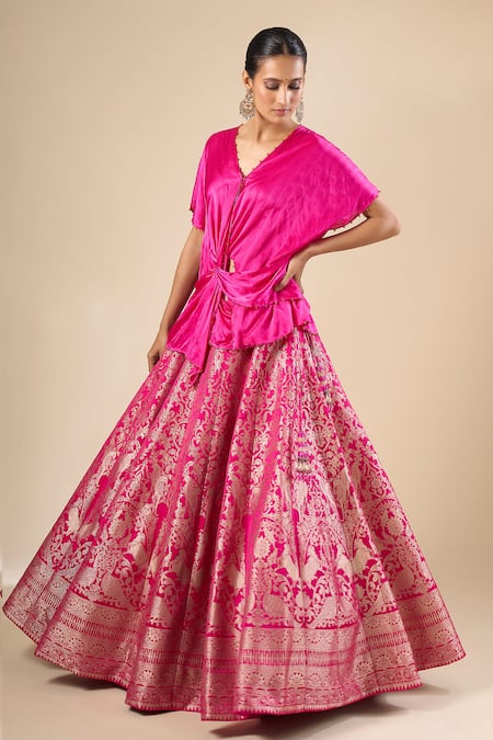 Buy_Rajdeep Ranawat_Fuchsia Silk, Brocade Diksha Leela Banarasi Lehenga Set With Knotted Top _Online_at_Aza_Fashions