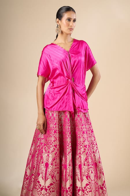 Shop_Rajdeep Ranawat_Fuchsia Silk, Brocade Diksha Leela Banarasi Lehenga Set With Knotted Top _Online_at_Aza_Fashions