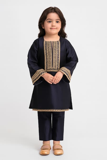 Shop Tiny Pants Navy Satin, Zari, Embroidery Kurta And Pyjama Set at Aza Fashions Shop_Tiny Pants_Navy Satin, Zari, Embroidery Kurta And Pyjama Set _at_Aza_Fashions