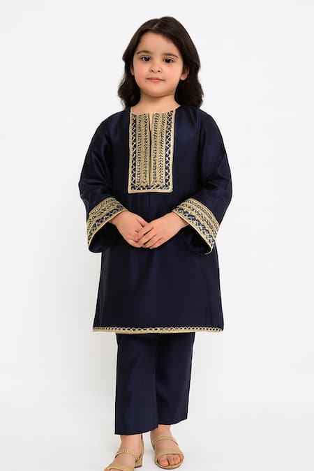 Tiny Pants Navy Satin, Zari, Embroidery Kurta And Pyjama Set 