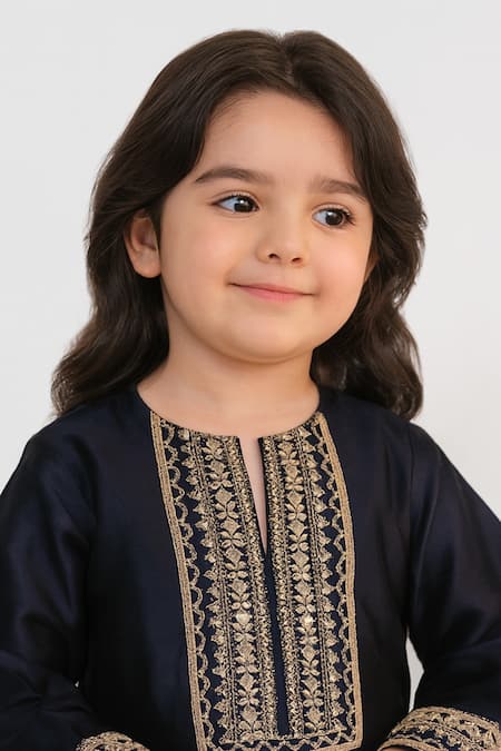 Tiny Pants Navy Satin, Zari, Embroidery Kurta And Pyjama Set Online at Aza Fashions Tiny Pants_Navy Satin, Zari, Embroidery Kurta And Pyjama Set _Online_at_Aza_Fashions