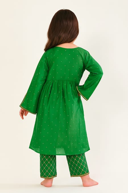 Shop Tiny Pants Green Cotton, Silk Embroidery Anarkali With Pant at Aza Fashions Shop_Tiny Pants_Green Cotton, Silk Embroidery Anarkali With Pant _at_Aza_Fashions