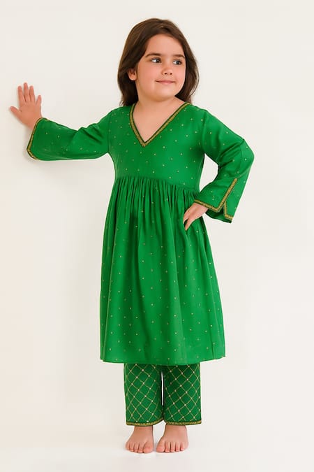 Tiny Pants Green Cotton, Silk Embroidery Anarkali With Pant Online at Aza Fashions Tiny Pants_Green Cotton, Silk Embroidery Anarkali With Pant _Online_at_Aza_Fashions