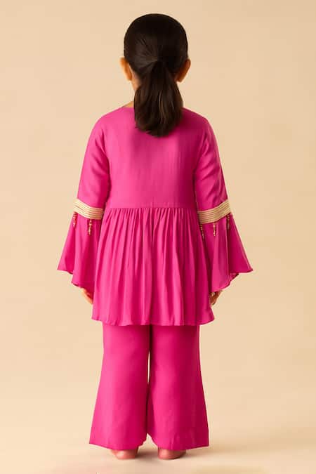 Shop Tiny Pants Pink Cotton, Georgette Embroidery, Mirrors, Tassels Kurta With Pant at Aza Fashions Shop_Tiny Pants_Pink Cotton, Georgette Embroidery, Mirrors, Tassels Kurta With Pant _at_Aza_Fashions