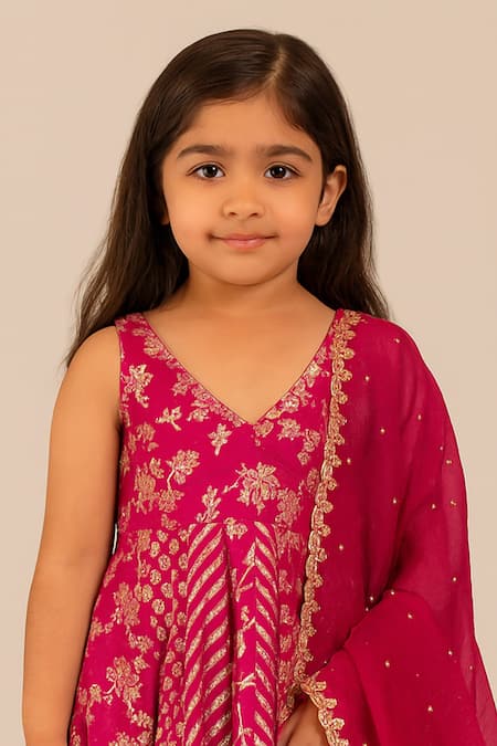 Tiny Pants_Fuchsia Chanderi Cotton Embroidery, Zari Anarkali With Dupatta _Online_at_Aza_Fashions