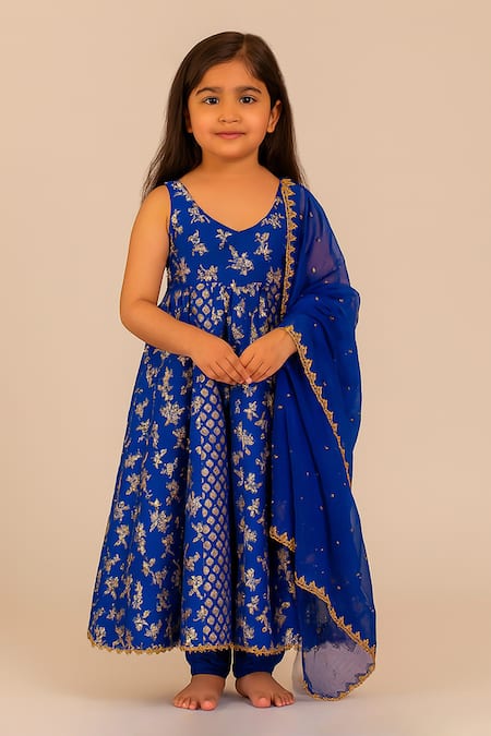 Tiny Pants Blue Chanderi Cotton Embroidery, Sequins Anarkali With Dupatta 