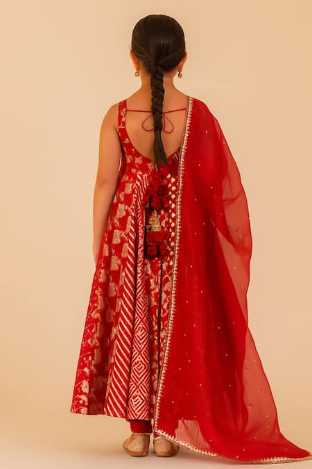 Shop Tiny Pants Red Chanderi Cotton Embroidery, Tassels, Sequins, Stones Anarkali With Dupatta at Aza Fashions Shop_Tiny Pants_Red Chanderi Cotton Embroidery, Tassels, Sequins, Stones Anarkali With Dupatta _at_Aza_Fashions