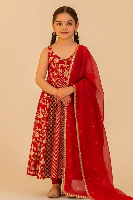Tiny Pants Red Chanderi Cotton Embroidery, Tassels, Sequins, Stones Anarkali With Dupatta 