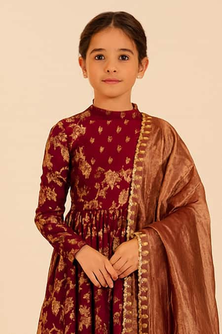 Tiny Pants Maroon Chanderi Cotton Foil Printing, Gota Patti Printed Anarkali With Dupatta Online at Aza Fashions Tiny Pants_Maroon Chanderi Cotton Foil Printing, Gota Patti Printed Anarkali With Dupatta _Online_at_Aza_Fashions