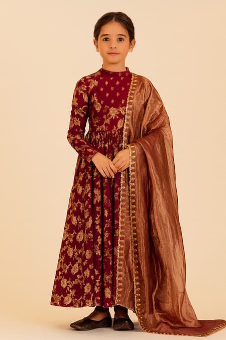 Tiny Pants Maroon Chanderi Cotton Foil Printing, Gota Patti Printed Anarkali With Dupatta 