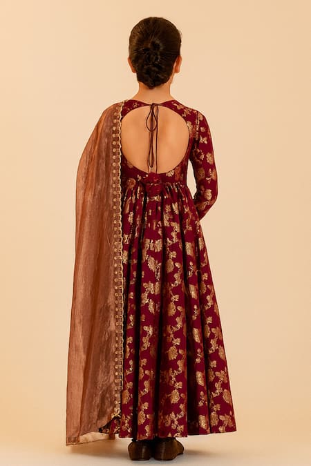 Shop Tiny Pants Maroon Chanderi Cotton Foil Printing, Gota Patti Printed Anarkali With Dupatta at Aza Fashions Shop_Tiny Pants_Maroon Chanderi Cotton Foil Printing, Gota Patti Printed Anarkali With Dupatta _at_Aza_Fashions