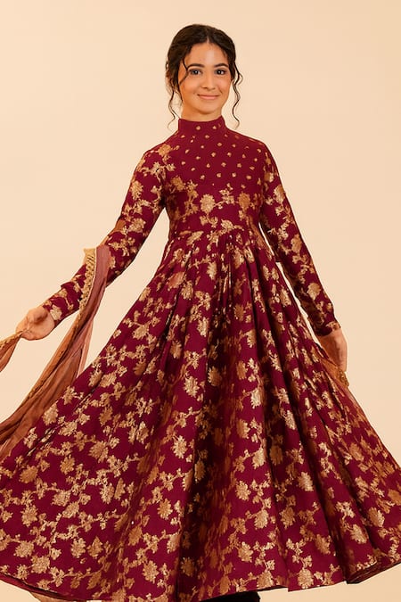 Buy Tiny Pants Maroon Chanderi Cotton Foil Printing, Gota Patti Printed Anarkali With Dupatta Online at Aza Fashions Buy_Tiny Pants_Maroon Chanderi Cotton Foil Printing, Gota Patti Printed Anarkali With Dupatta _Online_at_Aza_Fashions