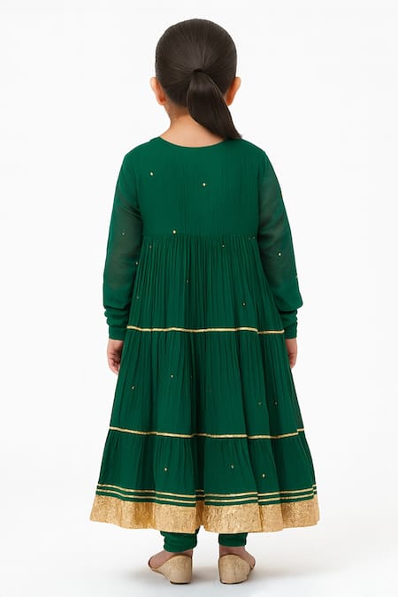 Shop Tiny Pants Emerald Green Chanderi Cotton, Georgette Zari Embroidered Anarkali Set at Aza Fashions Shop_Tiny Pants_Emerald Green Chanderi Cotton, Georgette Zari Embroidered Anarkali Set _at_Aza_Fashions