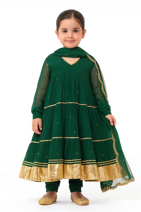 Tiny Pants Emerald Green Chanderi Cotton, Georgette Zari Embroidered Anarkali Set 