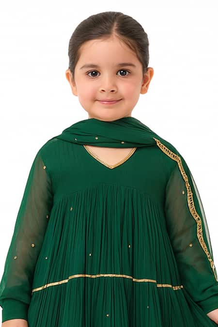 Tiny Pants Emerald Green Chanderi Cotton, Georgette Zari Embroidered Anarkali Set Online at Aza Fashions Tiny Pants_Emerald Green Chanderi Cotton, Georgette Zari Embroidered Anarkali Set _Online_at_Aza_Fashions