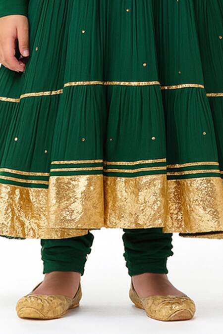 Shop Tiny Pants Emerald Green Chanderi Cotton, Georgette Zari Embroidered Anarkali Set Online at Aza Fashions Shop_Tiny Pants_Emerald Green Chanderi Cotton, Georgette Zari Embroidered Anarkali Set _Online_at_Aza_Fashions