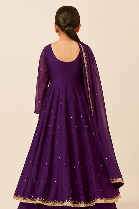 Shop Tiny Pants Purple Chanderi Cotton Zari, Sequins Embroidered Anarkali With Dupatta at Aza Fashions Shop_Tiny Pants_Purple Chanderi Cotton Zari, Sequins Embroidered Anarkali With Dupatta _at_Aza_Fashions
