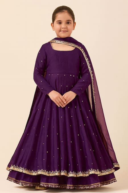 Tiny Pants Purple Chanderi Cotton Zari, Sequins Embroidered Anarkali With Dupatta 