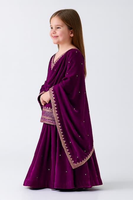 Tiny Pants Purple Velvet Zari, Stones, Sequins, Embroidery Lehenga Set Online at Aza Fashions Tiny Pants_Purple Velvet Zari, Stones, Sequins, Embroidery Lehenga Set _Online_at_Aza_Fashions