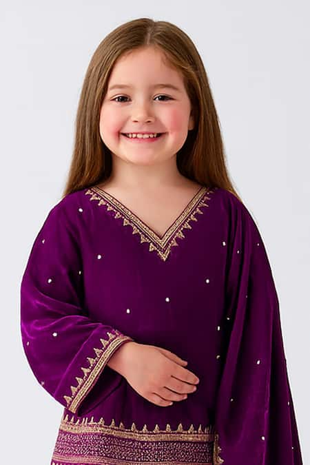 Shop Tiny Pants Purple Velvet Zari, Stones, Sequins, Embroidery Lehenga Set Online at Aza Fashions Shop_Tiny Pants_Purple Velvet Zari, Stones, Sequins, Embroidery Lehenga Set _Online_at_Aza_Fashions