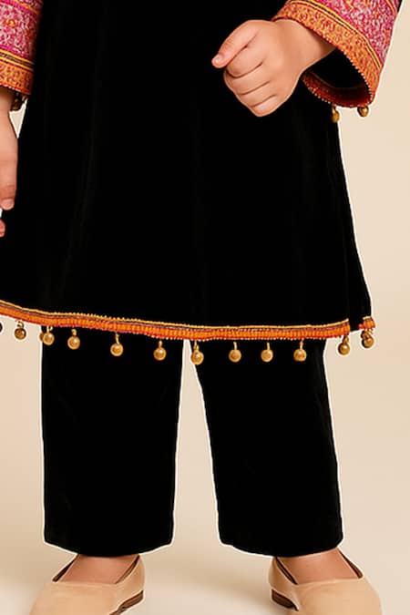 Tiny Pants_Black Velvet Embroidery, Pom-poms Kurta And Pant Set _Online_at_Aza_Fashions
