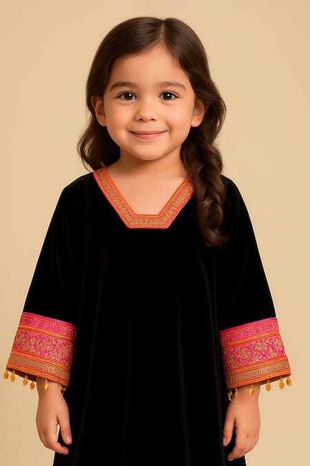 Buy_Tiny Pants_Black Velvet Embroidery, Pom-poms Kurta And Pant Set _Online_at_Aza_Fashions