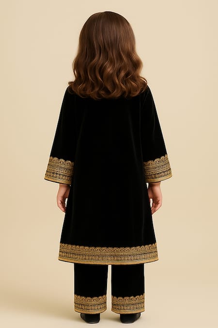 Shop Tiny Pants Black Velvet Lace, Embroidery Kurta And Pant Set at Aza Fashions Shop_Tiny Pants_Black Velvet Lace, Embroidery Kurta And Pant Set _at_Aza_Fashions