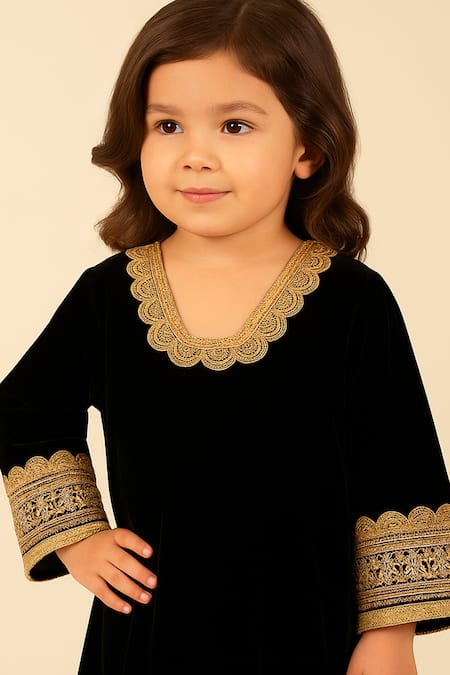 Buy Tiny Pants Black Velvet Lace, Embroidery Kurta And Pant Set Online at Aza Fashions Buy_Tiny Pants_Black Velvet Lace, Embroidery Kurta And Pant Set _Online_at_Aza_Fashions