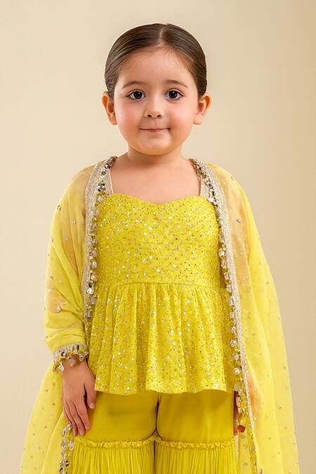 Tiny Pants_Yellow Georgette Sequins, Mirrors, Tassels Work Kurta Sharara Set _Online_at_Aza_Fashions