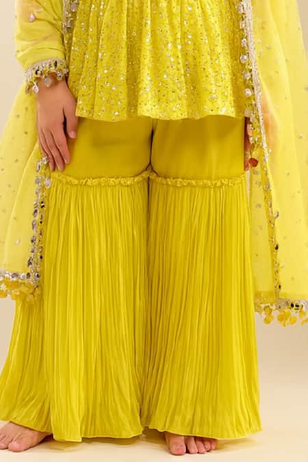 Buy_Tiny Pants_Yellow Georgette Sequins, Mirrors, Tassels Work Kurta Sharara Set _Online_at_Aza_Fashions