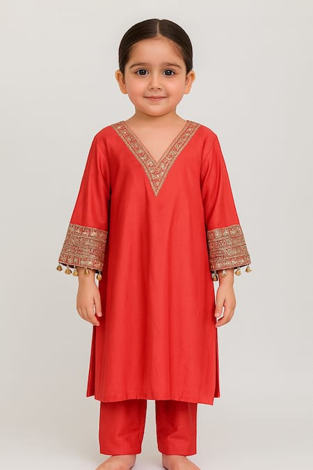 Tiny Pants_Orange Cotton Embroidery, Tassels, Zari Coral Kurta Set _Online_at_Aza_Fashions