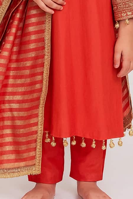 Buy_Tiny Pants_Orange Cotton Embroidery, Tassels, Zari Coral Kurta Set _Online_at_Aza_Fashions