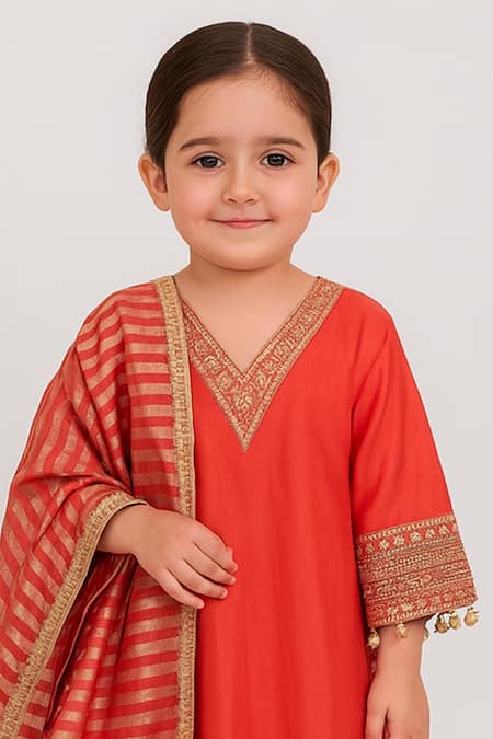 Shop_Tiny Pants_Orange Cotton Embroidery, Tassels, Zari Coral Kurta Set _Online_at_Aza_Fashions