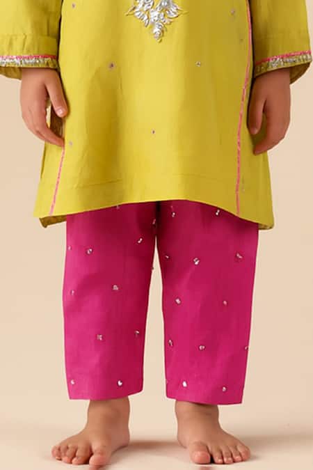 Tiny Pants Lime Cotton Mirrors, Embroidery, Gota Patti Green Work Kurta And Pant Set Online at Aza Fashions Tiny Pants_Lime Cotton Mirrors, Embroidery, Gota Patti Green Work Kurta And Pant Set _Online_at_Aza_Fashions